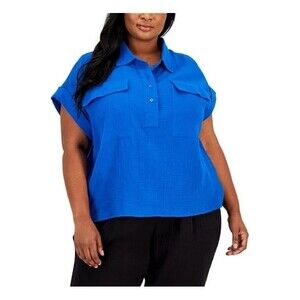 Calvin Klein cotton textured popover top Size 3X blue collared camp shirt